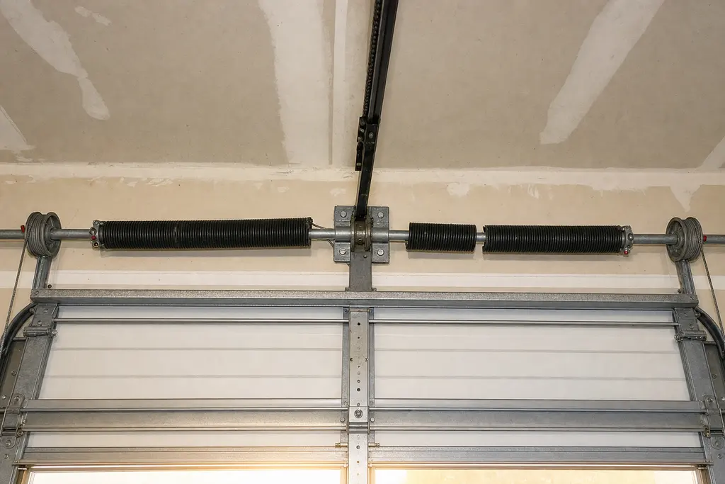 Torsion springs on the shaft above a closed garage door, one spring with a visible gap where it broke