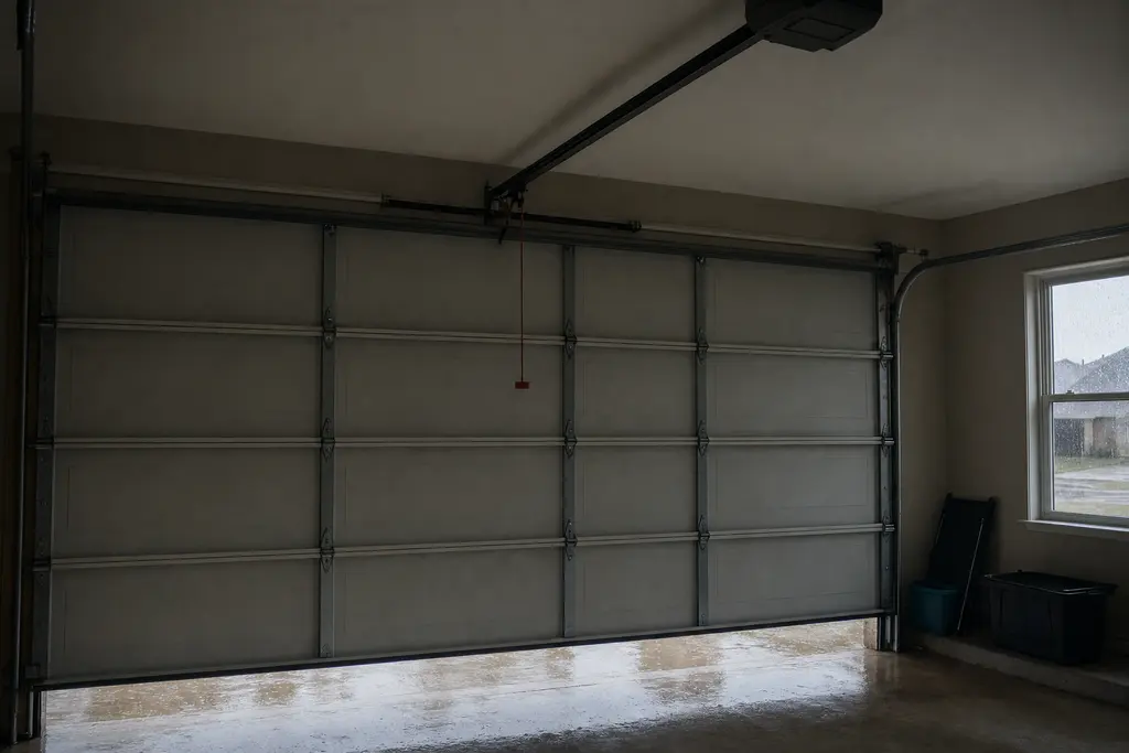 Dim garage during a power outage, the red emergency release cord hanging from the opener above a closed door