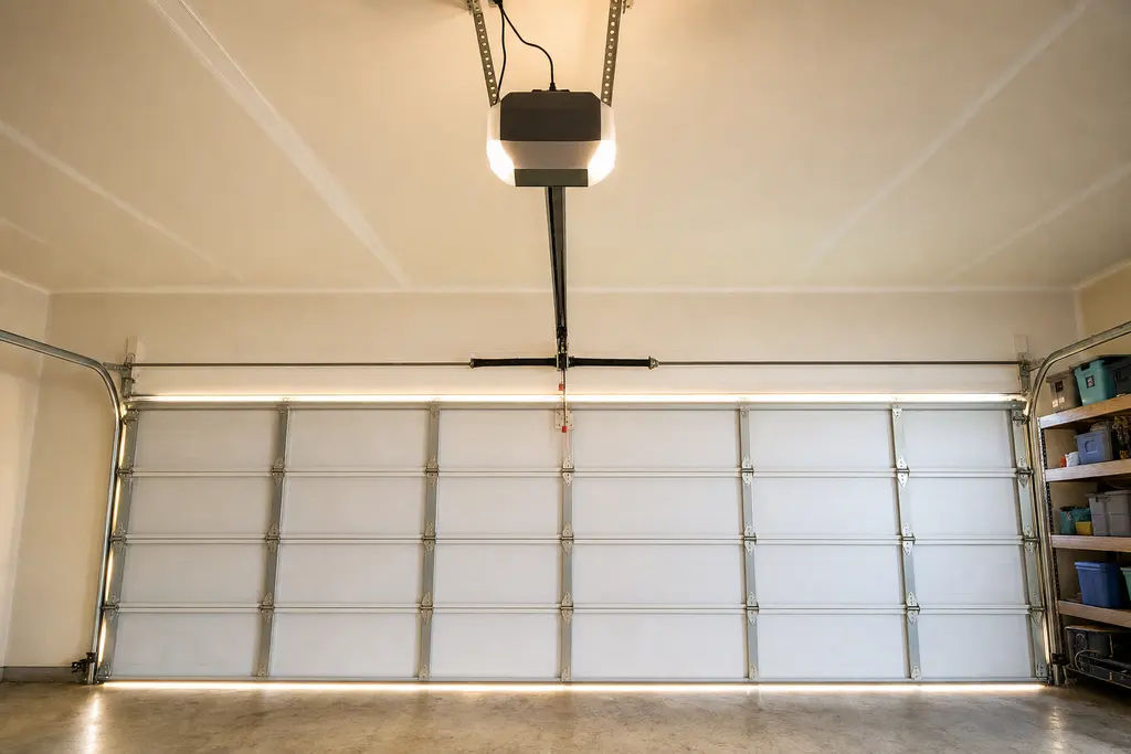 Ceiling-mounted garage door opener and rail above a closed white steel door in a two-car garage