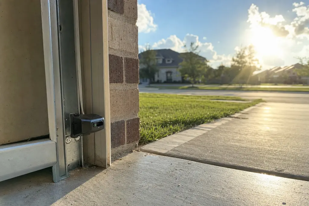 Garage door safety sensor on the track near the floor with low afternoon sun streaming in from the driveway