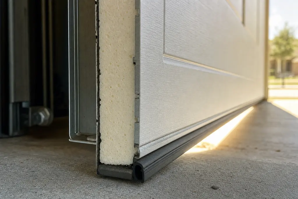 Cut edge of an insulated steel garage door section showing the foam core and the rubber bottom seal on a concrete floor