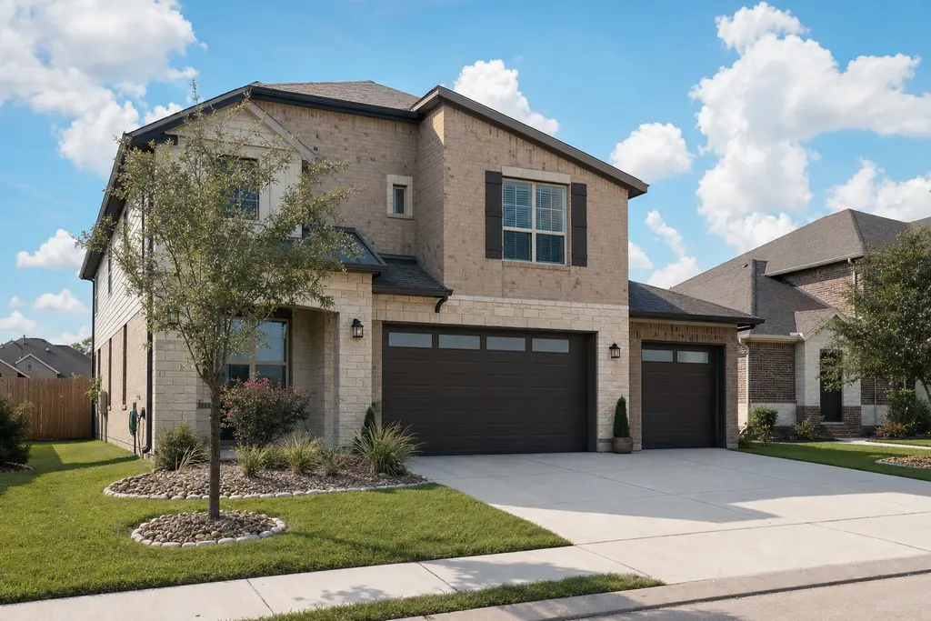 Two-story brick and stone house with a dark bronze double garage door and a matching single door, windows along the top