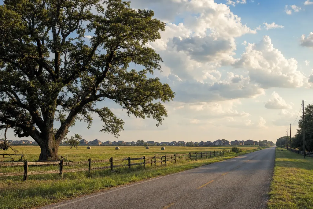 Two-lane country road beside a spreading live oak, ranch fence and hay bales, a new subdivision on the far horizon