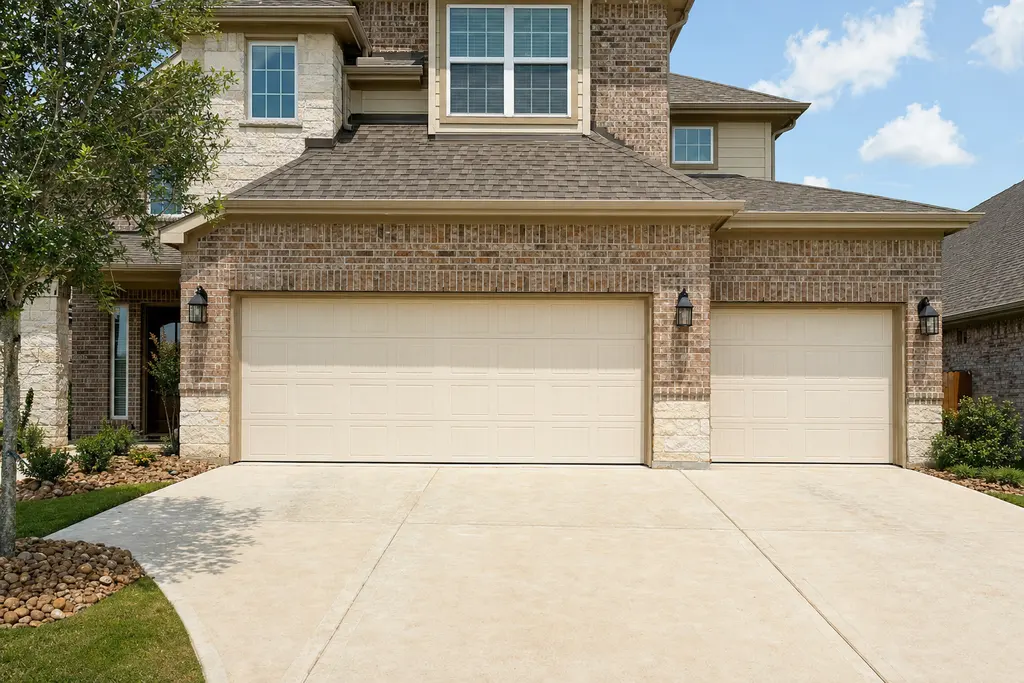 Three-car garage frontage with a double door and a single door in matching almond steel and a brick column between them